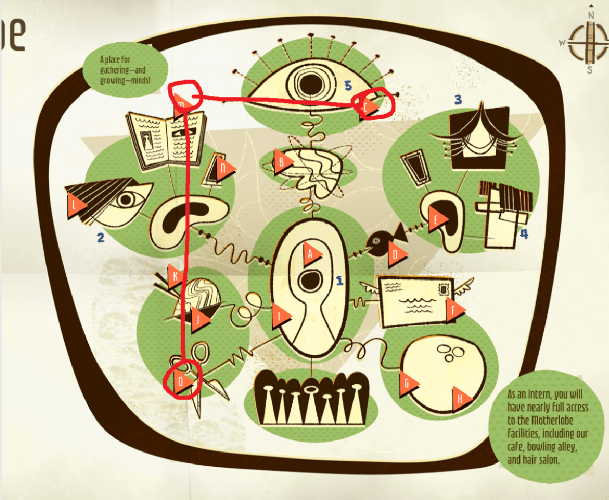 Psychonauts 2 map, where connected locations draw out a R.