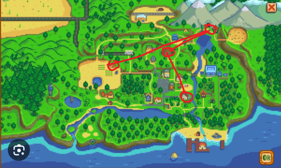 Stardew Valley map, where connected locations draw out a T.