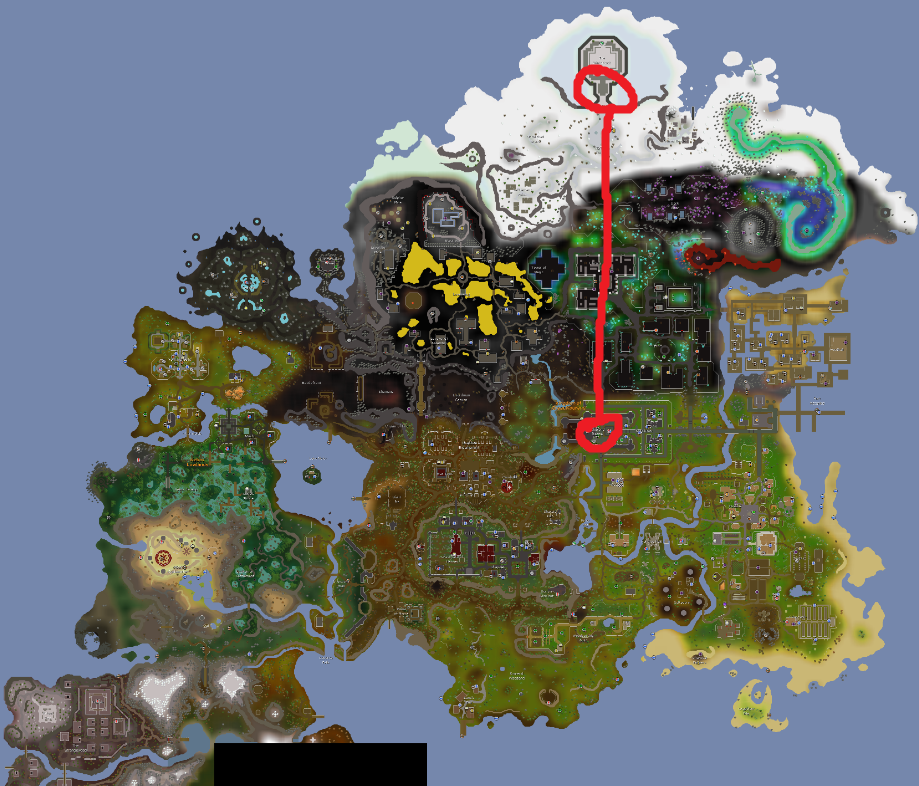 Old School Runescape map, where connected locations draw out a I.