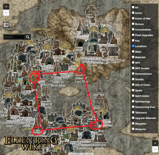 Elden Ring map, where connected locations draw out a O.