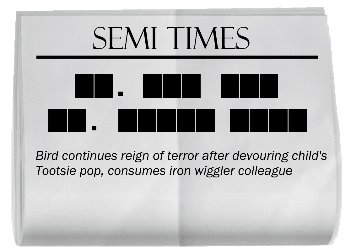 A copy of a SEMI TIMES newspaper, creased through the middle. The headline is blacked out. In order, the words blacked out have lengths 2 (period), 3, 3, 2 (period), 5, 4. The subtitle reads, "Bird continues reign of terror after devouring child's Tootsie pop, consumes iron wiggler colleague."