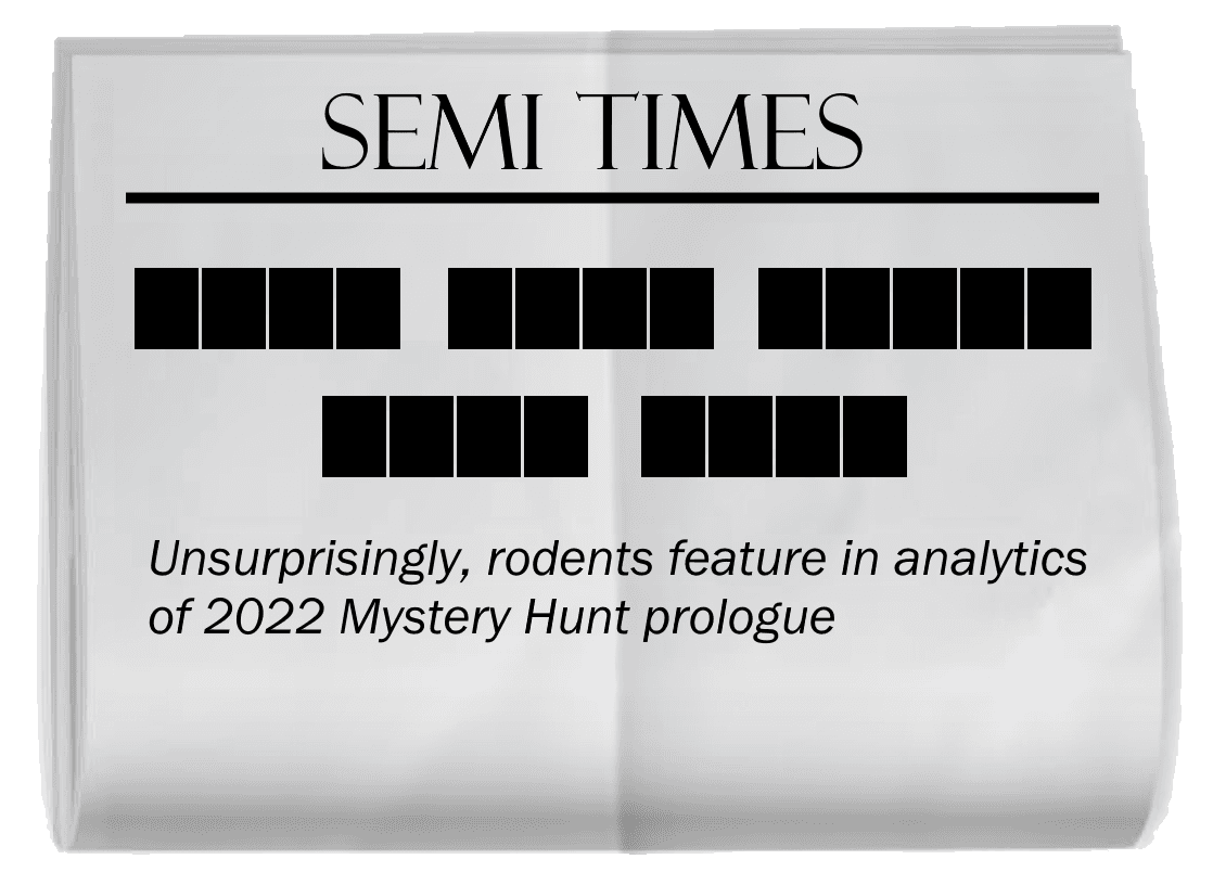 A copy of a SEMI TIMES newspaper, creased through the middle. The headline is blacked out. In order, the words blacked out have lengths 4, 4, 5, 4, 4. The subtitle reads, "Unsurprisingly, rodents feature in analytics of 2022 Mystery Hunt prologue."