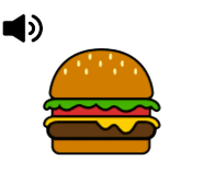 Audio symbol next to food with two buns, a patty, lettuce, and tomato