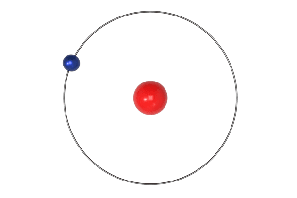 Black thin ring with a small blue sphere on it, and a larger red sphere within it