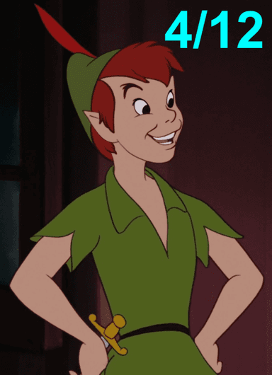 A cartoon person with light skin, red hair, and pointy ears, wearing a green cap with a large red feather, a green tunic, and a thin brown belt that holds a weapon with a yellow hilt and crossguard. 4/12 is written at the top right of the image.