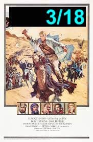 A poster featuring a large photo of a Caucasian man riding a brown horse through a desert. Underneath are five small pictures of other men. The first two are wearing keffiyehs. The middle one is balding and wearing a brown suit. The fourth has dark hair, and the fifth has blonde hair. Underneath these photos is some text, but it is too small to read. 3/18 is written at the top right of the image.