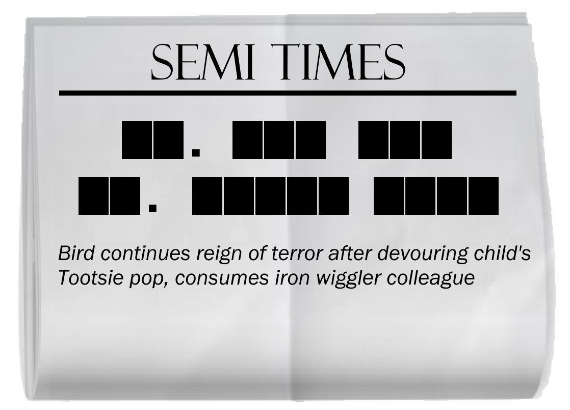 A copy of a SEMI TIMES newspaper, creased through the middle. The headline is blacked out. In order, the words blacked out have lengths 2 (period), 3, 3, 2 (period), 5, 4. The subtitle reads, "Bird continues reign of terror after devouring child's Tootsie pop, consumes iron wiggler colleague."
