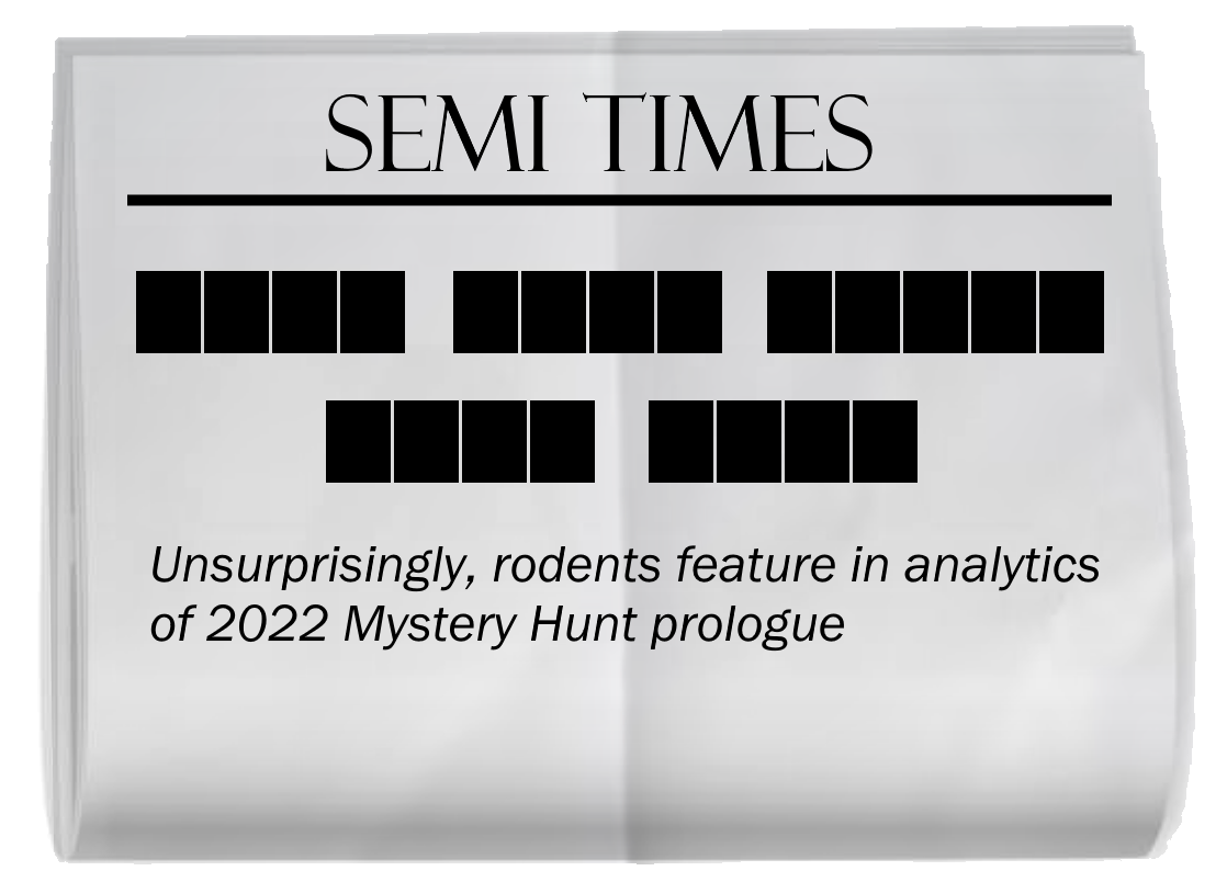 A copy of a SEMI TIMES newspaper, creased through the middle. The headline is blacked out. In order, the words blacked out have lengths 4, 4, 5, 4, 4. The subtitle reads, "Unsurprisingly, rodents feature in analytics of 2022 Mystery Hunt prologue."