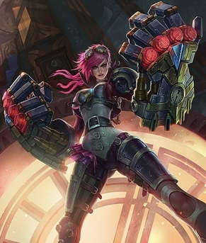 Animated pink-haired woman with giant metal fists