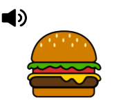 Audio symbol next to food with two buns, a patty, lettuce, and tomato