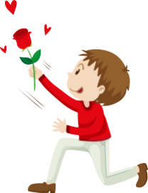 Kneeling male figure holding up a rose