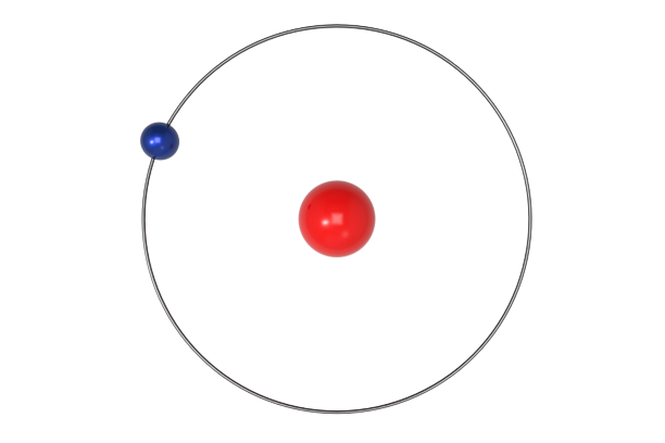 Black thin ring with a small blue sphere on it, and a larger red sphere within it
