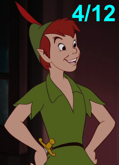 A cartoon person with light skin, red hair, and pointy ears, wearing a green cap with a large red feather, a green tunic, and a thin brown belt that holds a weapon with a yellow hilt and crossguard. 4/12 is written at the top right of the image.