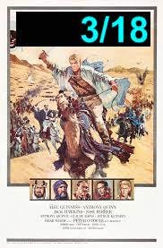 A poster featuring a large photo of a Caucasian man riding a brown horse through a desert. Underneath are five small pictures of other men. The first two are wearing keffiyehs. The middle one is balding and wearing a brown suit. The fourth has dark hair, and the fifth has blonde hair. Underneath these photos is some text, but it is too small to read. 3/18 is written at the top right of the image.