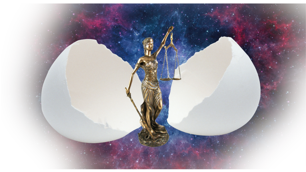 A statue of a blindfolded woman holding scales and a sword in the center of the remains of an egg, surrounded by a nebula