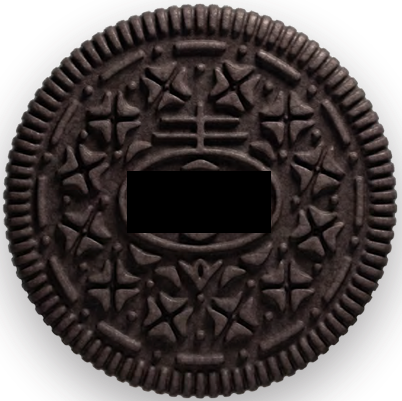 A dark brown circular cookie with ridges on its surface. The middle of the circle is obscured by a black rectangle.