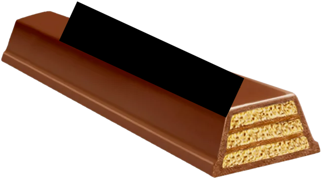 3 long wafers with thin layers of chocolate in between, and a chocolate coating. The top of the wafer is obscured by a black rectangle.