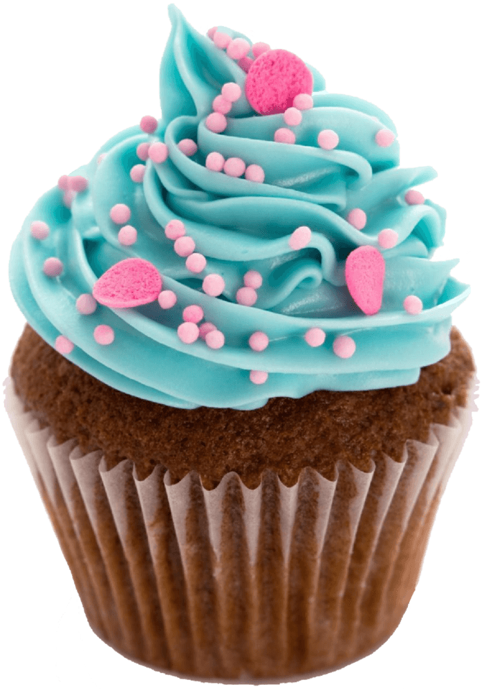 A brown baked treat in a thin, white, ruffly paper container, with blue frosting decorated with pink sprinkles in a tall elaborate swirl on the top