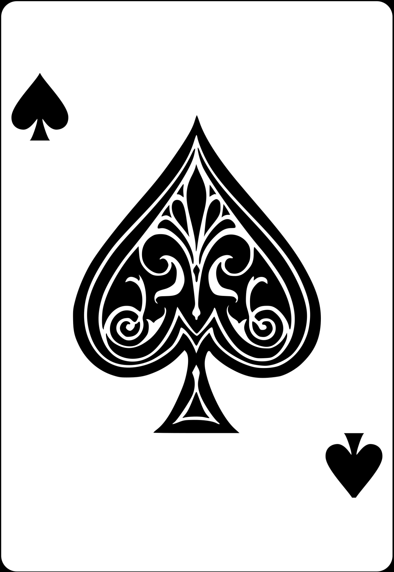 A playing card with one large spade on it.