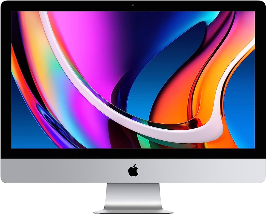 A computer displaying a complicated colorful pattern, with an apple-shaped icon under its screen.