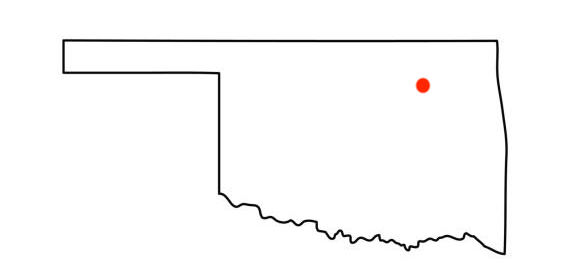A map outline which looks mostly rectangular, but with an irregular bottom and a long thin protrusion going left from the top of the left side. There is a red dot near but not at the top-right.