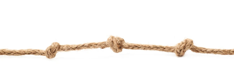 A piece of rope, mostly straight but with some places where it tightly intertwines with itself.