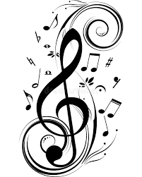 A large treble clef with smaller notes and other similar notation arranged at random angles and positions around it.