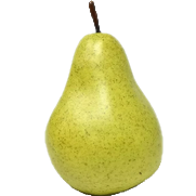 a green fruit that has a narrow top section and round bottom section, and a brown stem on top
