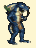 A bipedal lizard with blue skin and a yellow underbelly, with fins protruding from the sides of its head, holding a bow