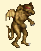 A bipedal creature with gold skin, red eyes, a tail, and two small bat-like wings