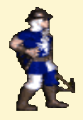 A pixelated person with a metal helmet, long white hair, a blue-and-white uniform, boots, and a bow in one hand.