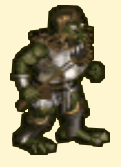 A humanoid creature with green skin wearing a metal helmet and armor, and a club in one hand