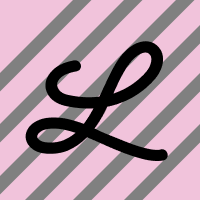 A cursive L, on a pink background with purple stripes traveling from the top right to the bottom left