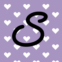 A cursive S on a purple background with white hearts