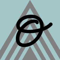 A cursive O on a teal background, with a gray upward-pointing triangle surrounded by gray inverse-V shapes