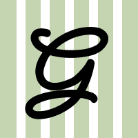 A cursive G on a light teal background with white vertical stripes