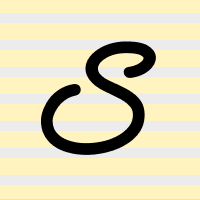A cursive S on a light yellow background with light gray horizontal stripes