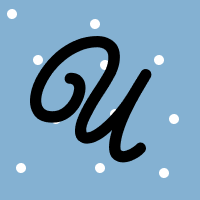 A cursive U on a blue background with small white dots